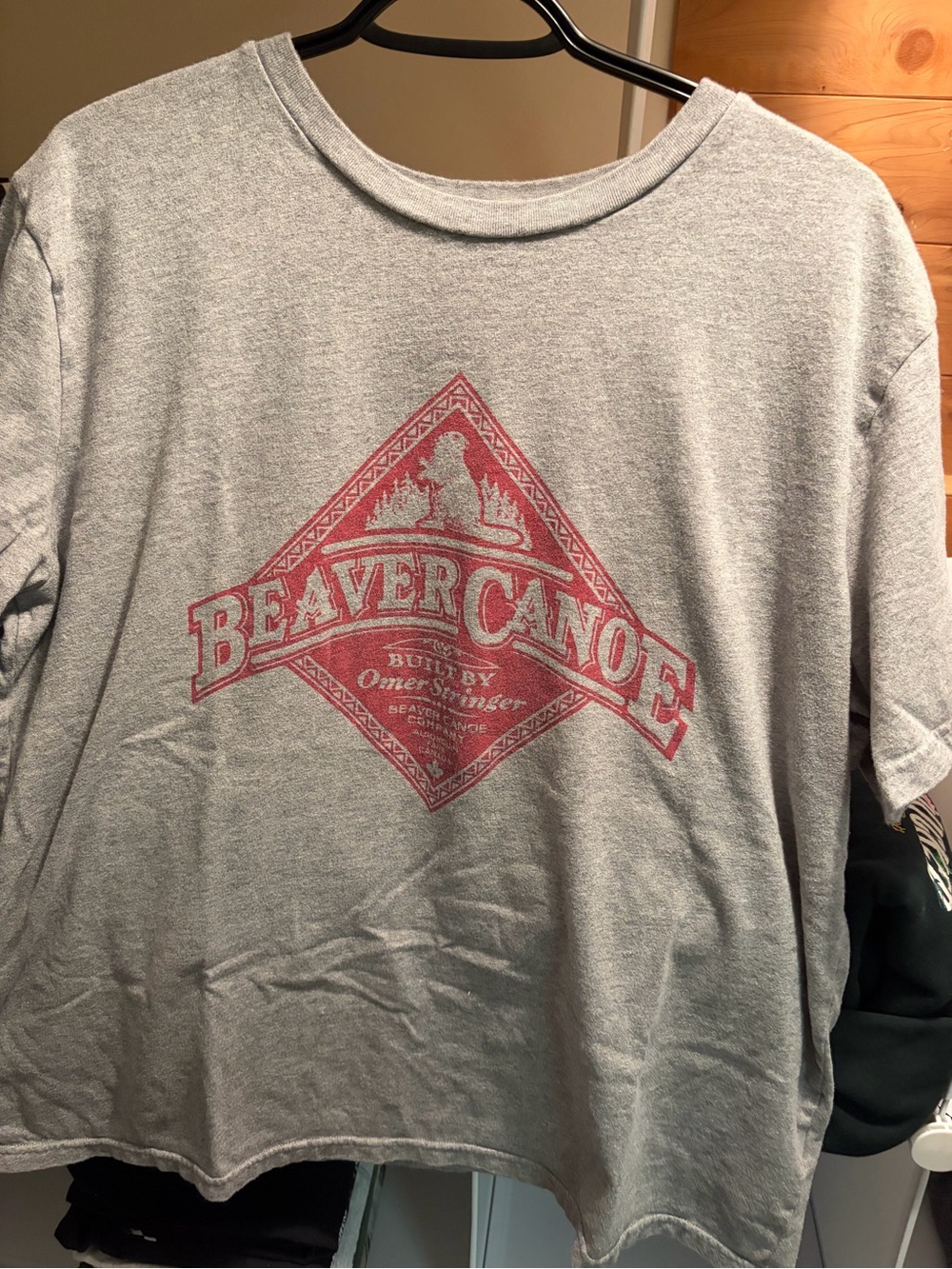Roots Gray Cropped Beaver Canoe Graphic Tee with Red Logo
